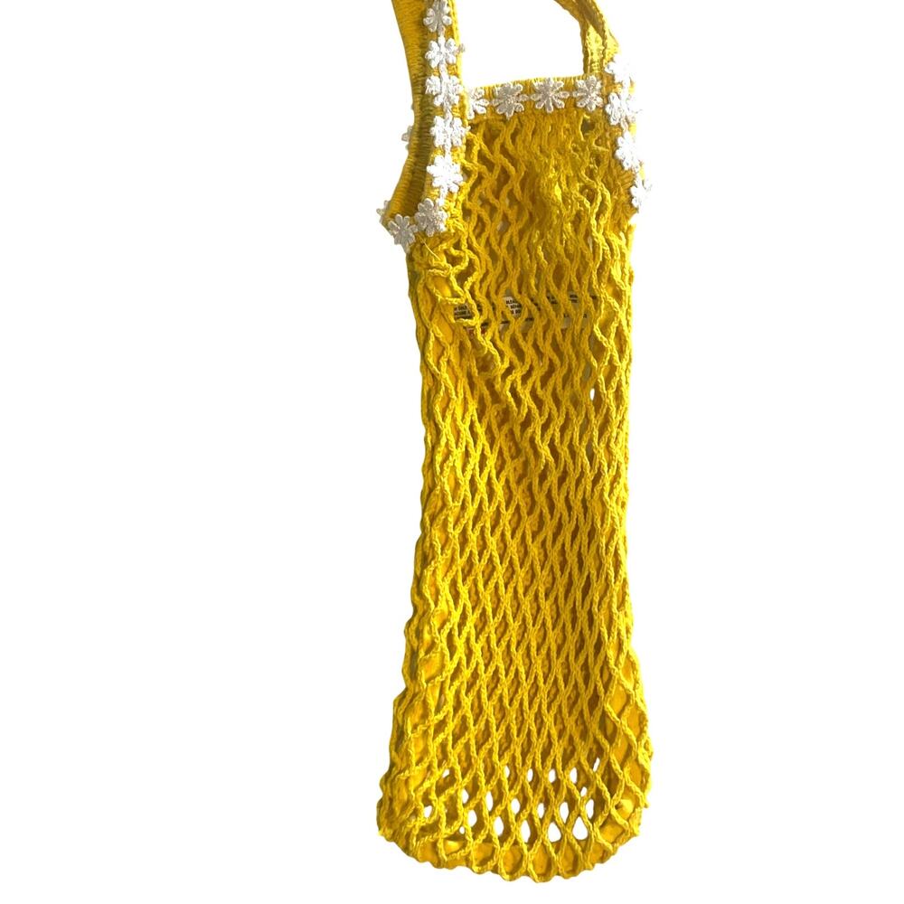 UO Urban Outfitters Bottle Carrier Yellow Daisy Trim Woven Market Bag Festival - Picture 4 of 9